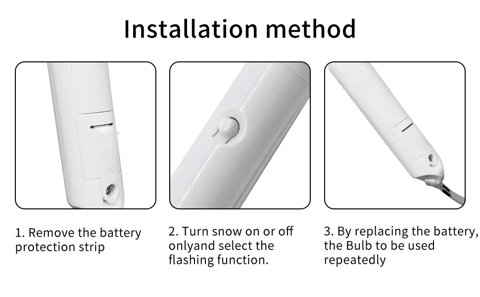 Installation method showing steps to remove the battery protection strip, turn on the flashing function, and replace the batt