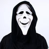 A white screaming skeleton horror mask with a black hood and smiling expression.