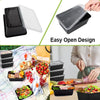 A set of black plastic food storage containers with lids shown in various arrangements and usage contexts.