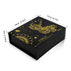 A black gift box containing a natural stone zodiac bracelet for Virgo, with dimensions marked.