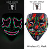 A black EL mask with neon green and red wire details, shown in light status and no light status.