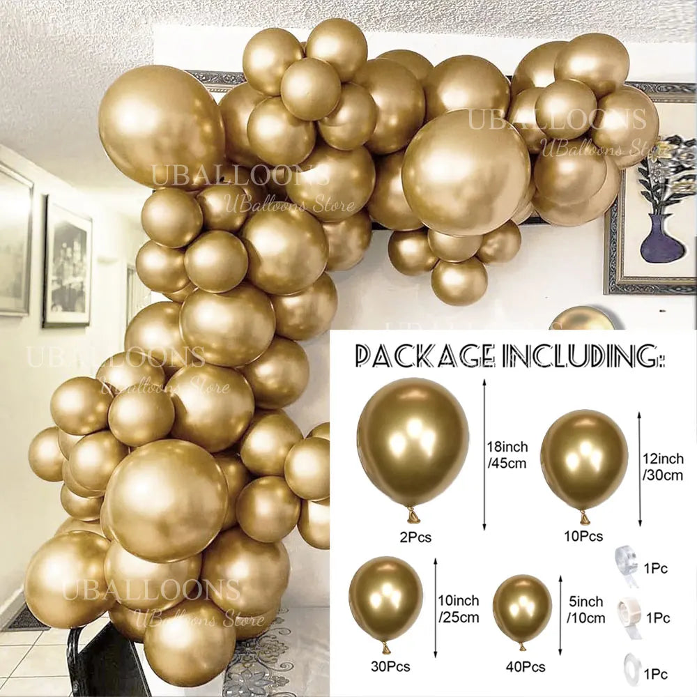 A package of metallic chrome gold balloons for a balloon garland kit showing various sizes and quantities