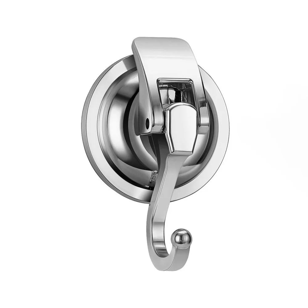 A close-up view of a silver heavy duty reusable suction cup hook.