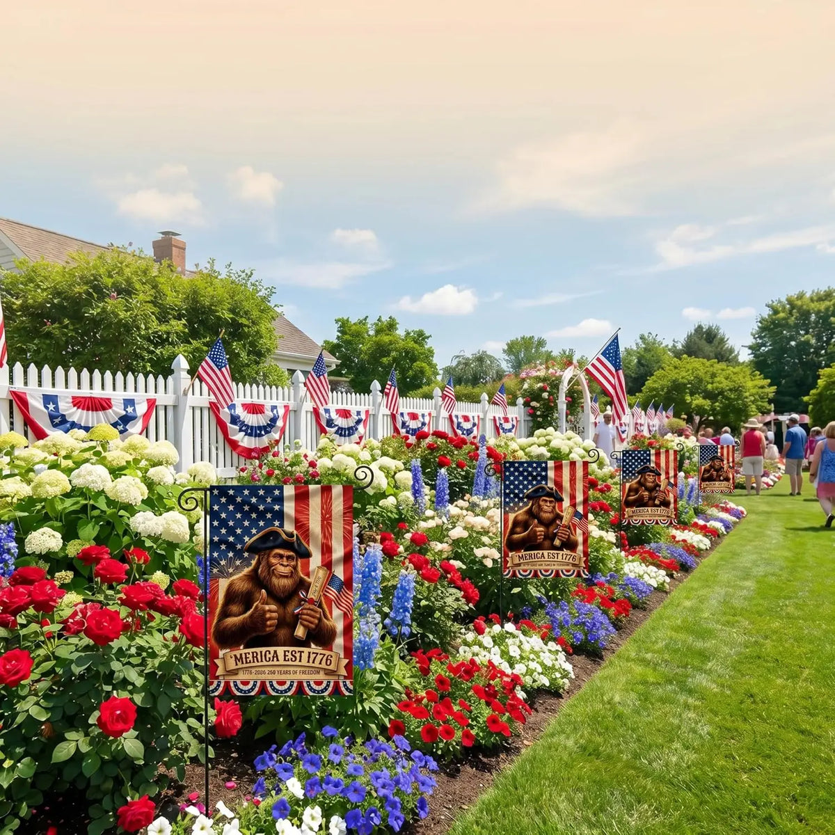 A vibrant garden display featuring patriotic flowers and flags along a lawn with houses in the background.