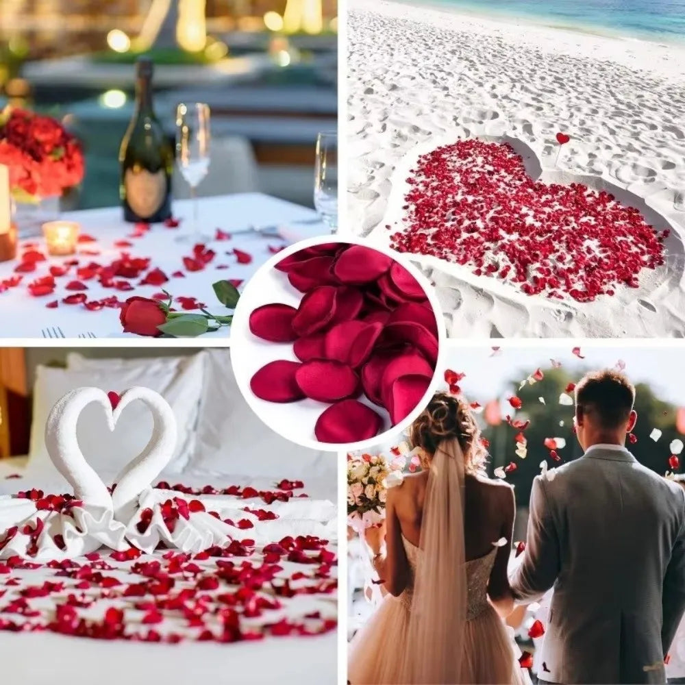 Collage de pétales de roses rouges utilisés pour la décoration, incluant une forme de cœur et éparpillés sur une table.