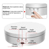 A white 360° rotating display stand for jewelry and items with buttons for power on, shutdown, direction change, speed adjust
