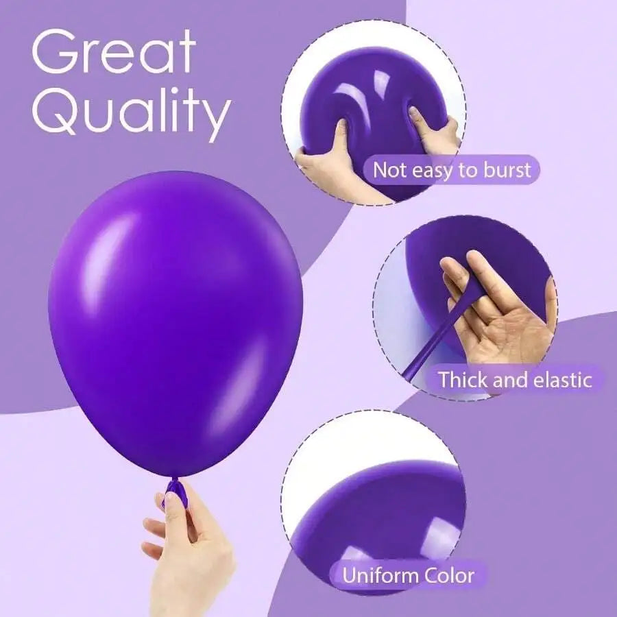 A dark purple latex balloon is shown being held, highlighting its thick, elastic texture and uniform color.