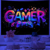 A vibrant, neon-colored gamer tapestry featuring a stylized game controller design against a dark background.