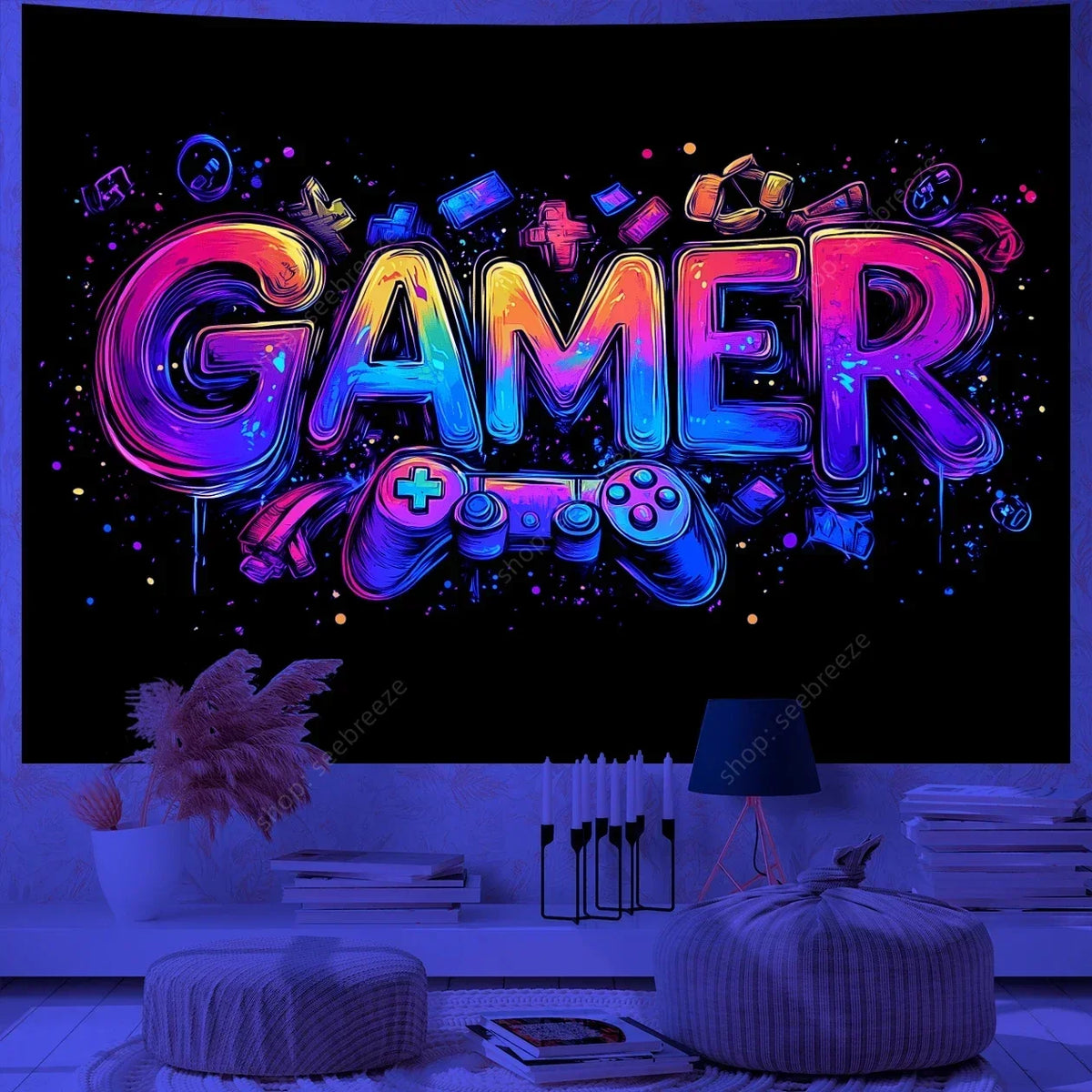 A vibrant, neon-colored gamer tapestry featuring a stylized game controller design against a dark background.