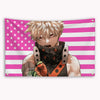 A banner featuring an illustration of Bakugou Katsuki with a fierce expression against an American flag background.
