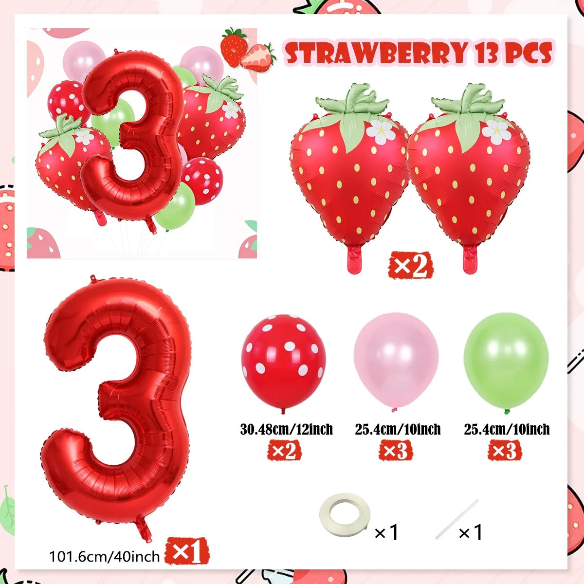 Strawberry foil balloon set including 13 pieces of red and green balloons in various shapes
