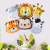 A collection of foil balloons shaped like cartoon jungle safari animals including a lion, tiger, and monkey