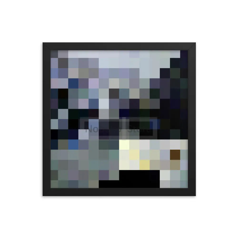 A framed piece of abstract pixel art featuring muted colors and varied tones.