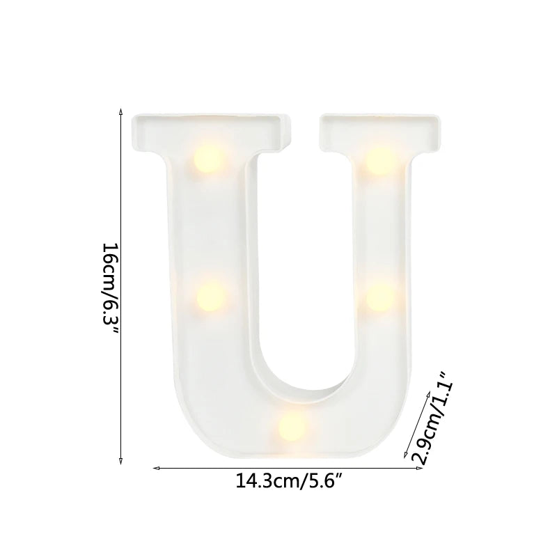A white alphabet letter light shaped like the letter U, featuring warm white LED lights.