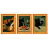 Three framed paintings featuring black cats enjoying food and drinks in vintage style wooden frames
