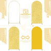 Comparison image showing a before and after of a golden sequin arch backdrop for events
