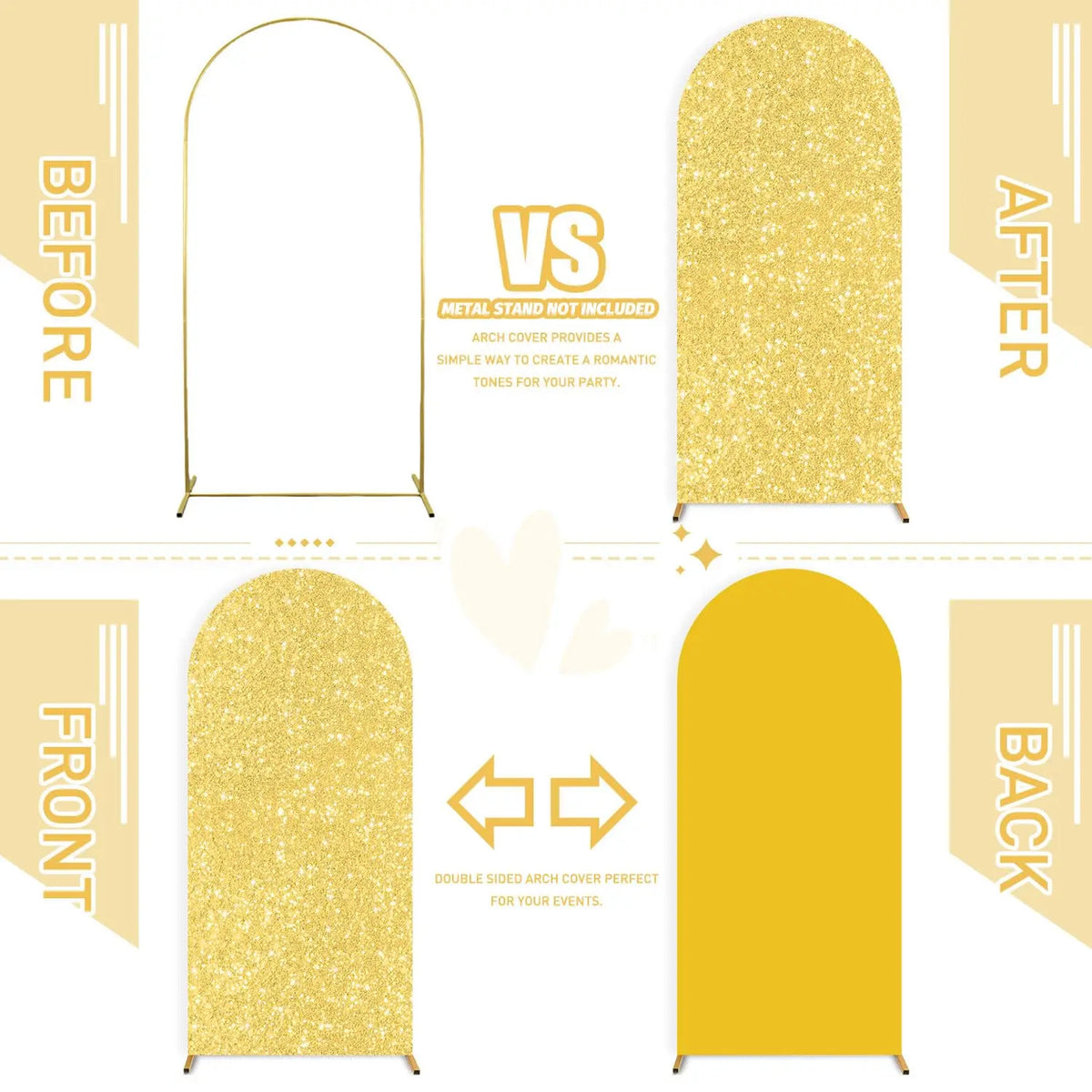 Comparison image showing a before and after of a golden sequin arch backdrop for events