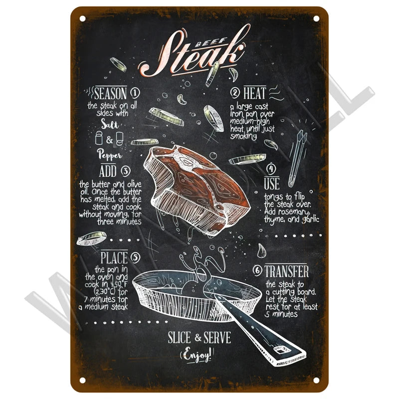 A dark plaque with white and orange text detailing instructions for cooking a steak.