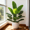 A vibrant green artificial Bird of Paradise plant with large leaves in a white pot sits on a wooden floor next to a window.