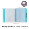 A blue storage album with 40 pages is shown, measuring 6.375 inches by 11.125 inches.