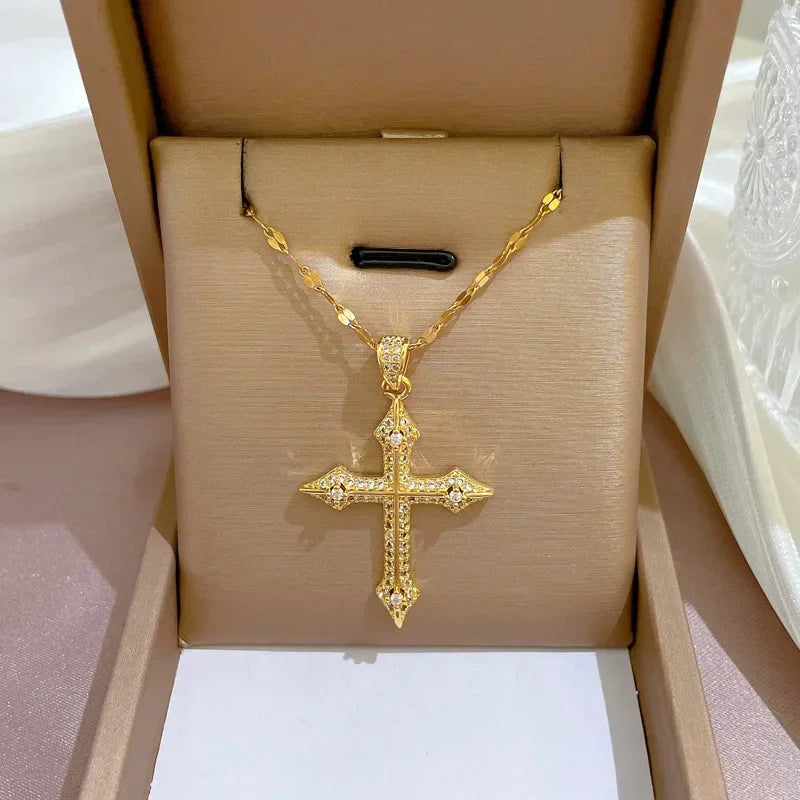 Gold Stainless Steel Crystal Cross Pendant Necklace