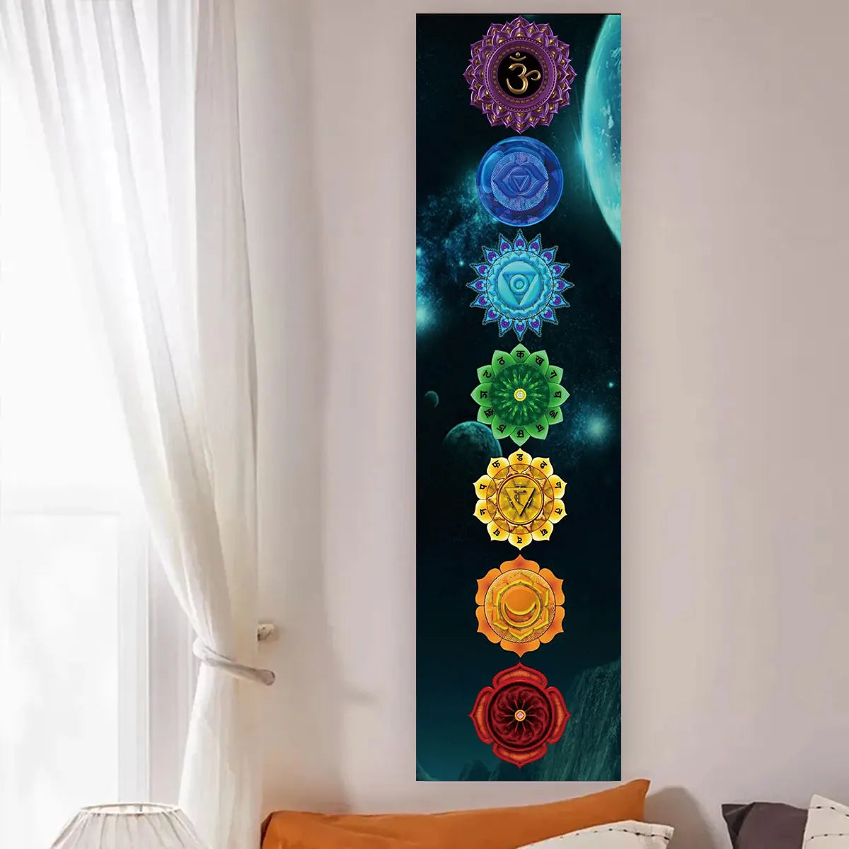Vertical tapestry featuring a series of colorful chakra symbols against a dark teal background