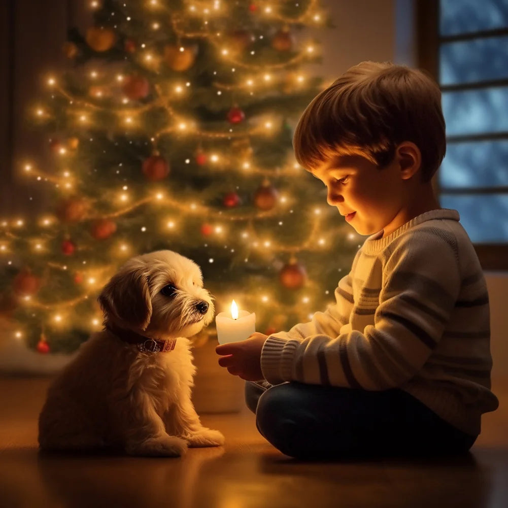 A young boy sits in front of a brightly lit Christmas tree, holding a glowing candle.