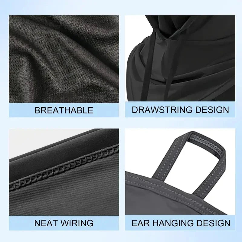 A black breathable balaclava face mask with a drawstring design, neat wiring, and ear hanging design.