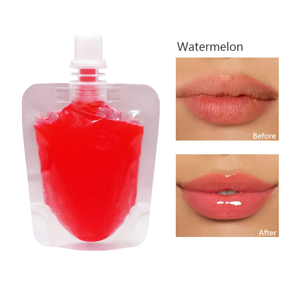 A bottle of watermelon lip oil gloss with before and after images showing lip color improvement