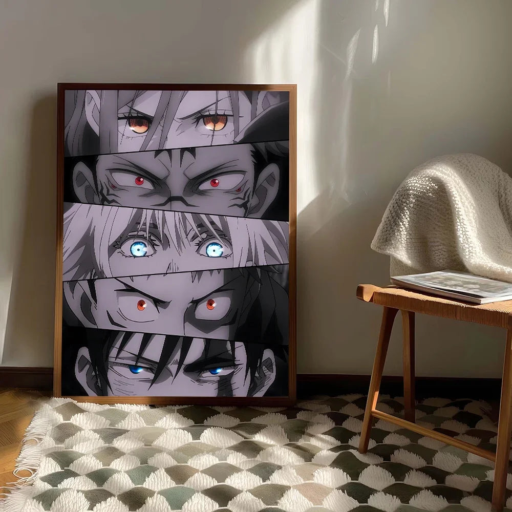 A canvas poster featuring a collage of intense Jujutsu Kaisen characters with dramatic lighting.