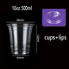 A clear plastic drinking cup with a flat lid shown next to its dimensions and volume.