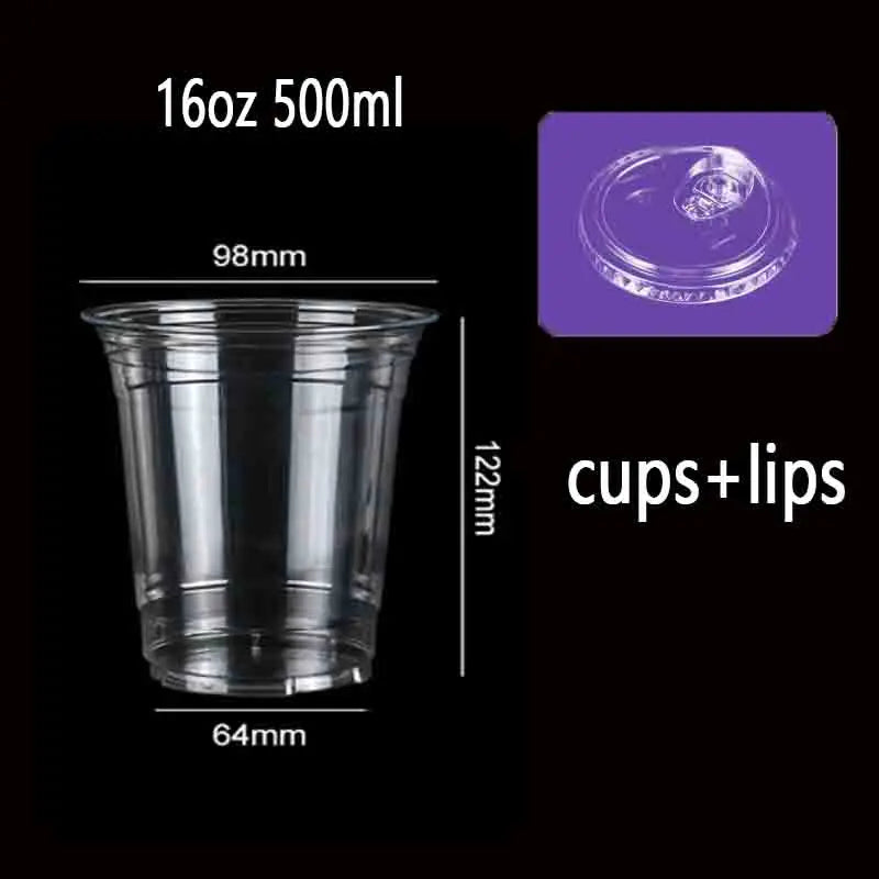 A clear plastic drinking cup with a flat lid shown next to its dimensions and volume.