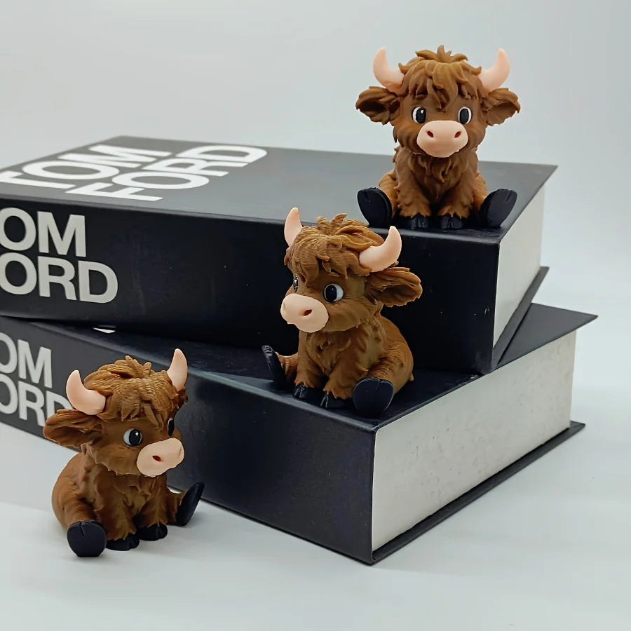 A set of three cute brown Highland cow statues displayed on stacked black books.