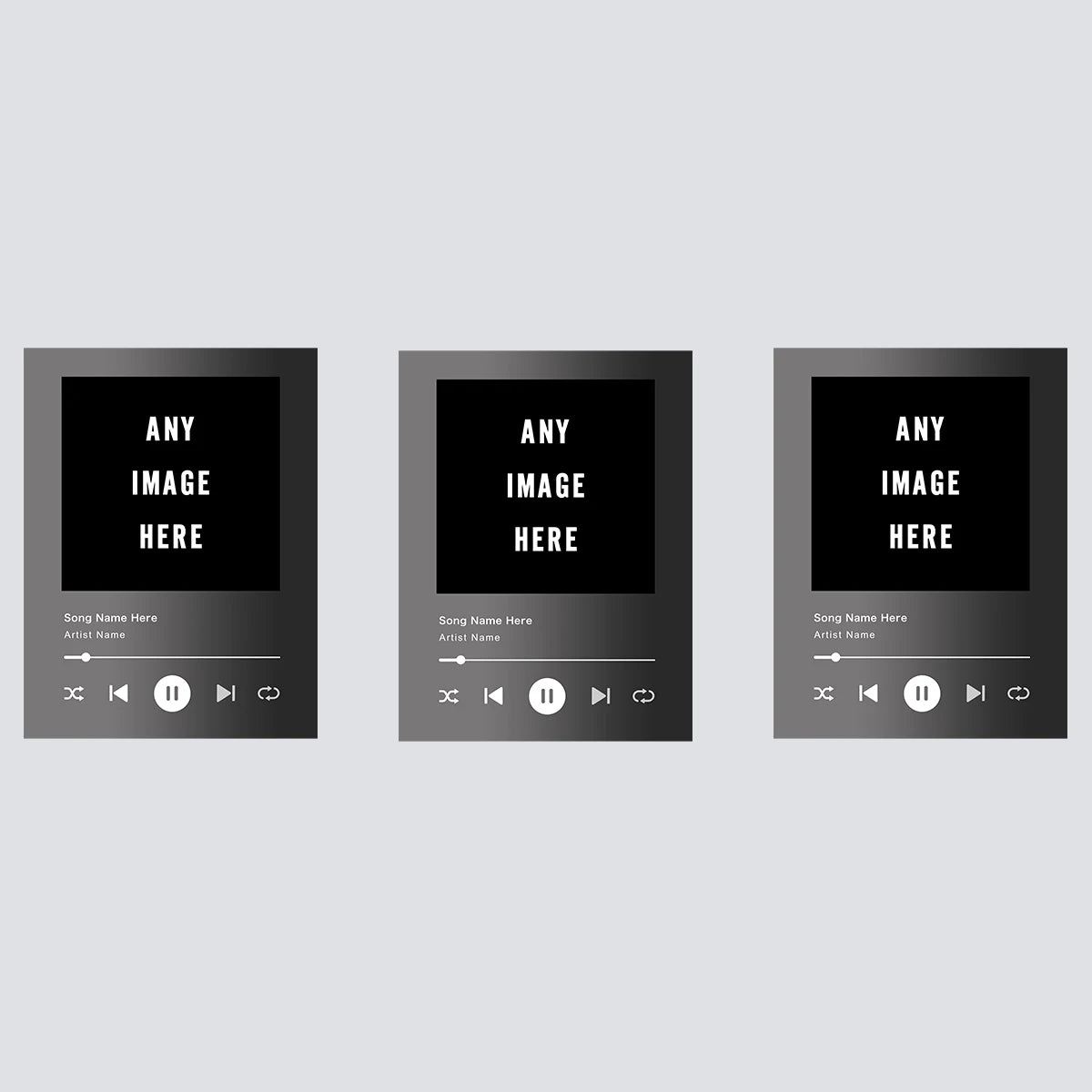 Three blank black rectangular frames for personalized song lyric canvas posters with playback controls.