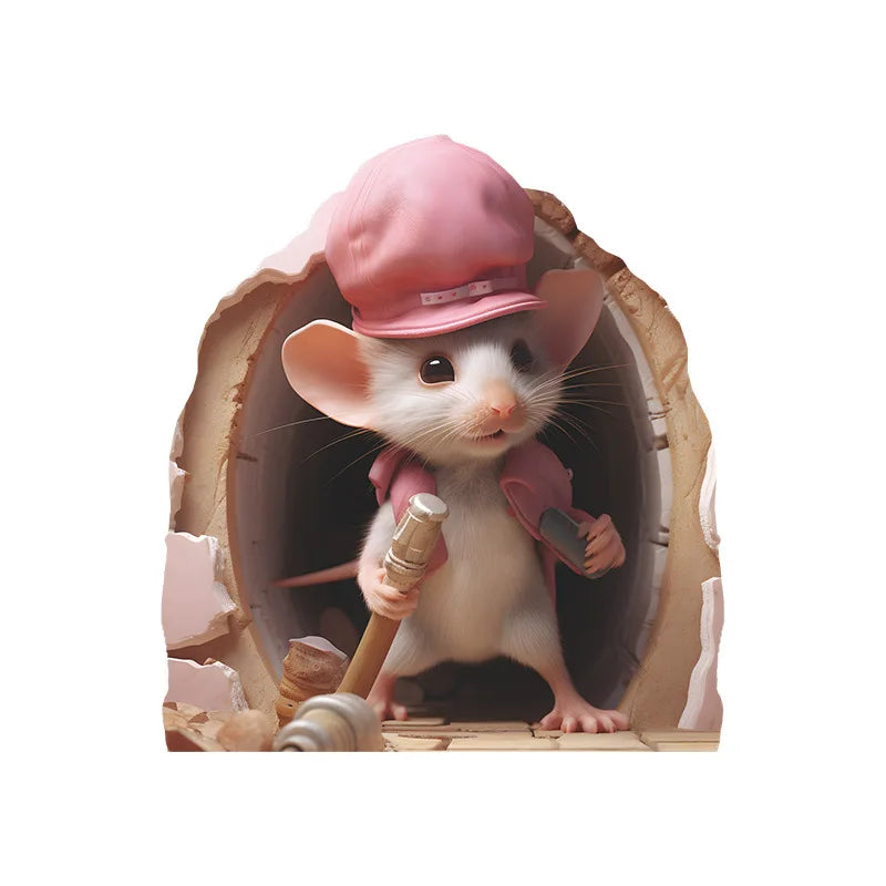 A cute white mouse with pink ears and a pink hat peeking out of a natural wood frame.