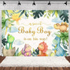 A watercolor illustration of cute cartoon dinosaurs in a lush green woodland setting for a baby boy party backdrop.