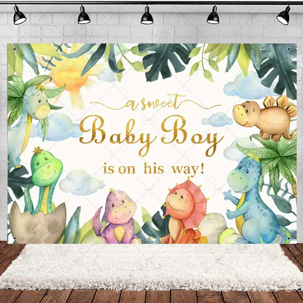 A watercolor illustration of cute cartoon dinosaurs in a lush green woodland setting for a baby boy party backdrop.