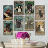 Collection de cartes décoratives murales en métal vintage avec des chats noirs et des thèmes mystiques.
