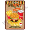 A vintage-style plaque advertising delicious burgers and a set meal featuring a hamburger, fries, and a drink.