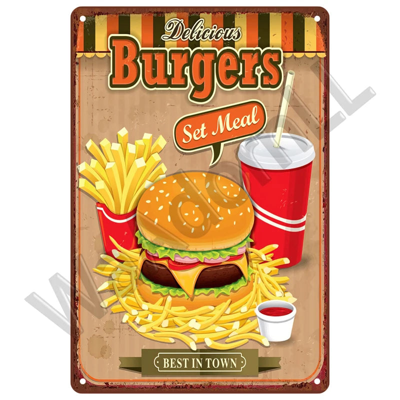 A vintage-style plaque advertising delicious burgers and a set meal featuring a hamburger, fries, and a drink.