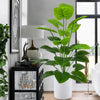 A large, lush artificial tree with vibrant green leaves in a white pot displayed indoors.