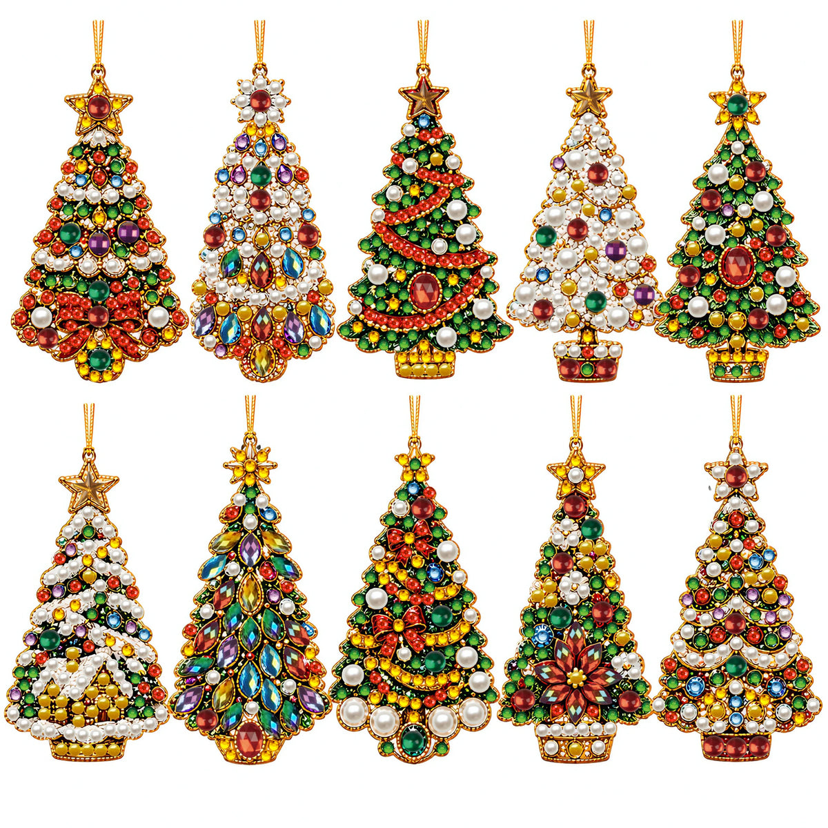 A set of Christmas diamond art ornaments featuring Santa, snowman, and reindeer pendants.