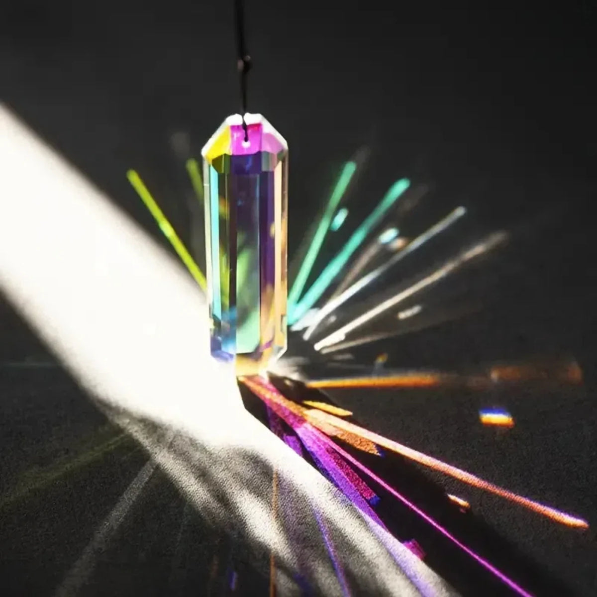A clear crystal pendant is suspended, casting colorful light rays onto a dark surface.