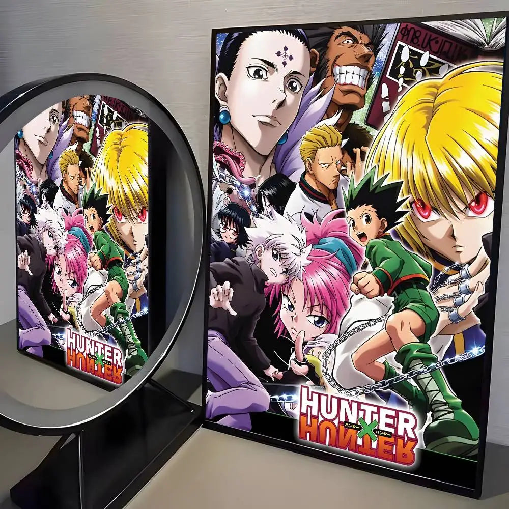 A framed canvas wall art featuring characters from Hunter x Hunter anime in a dynamic composition.