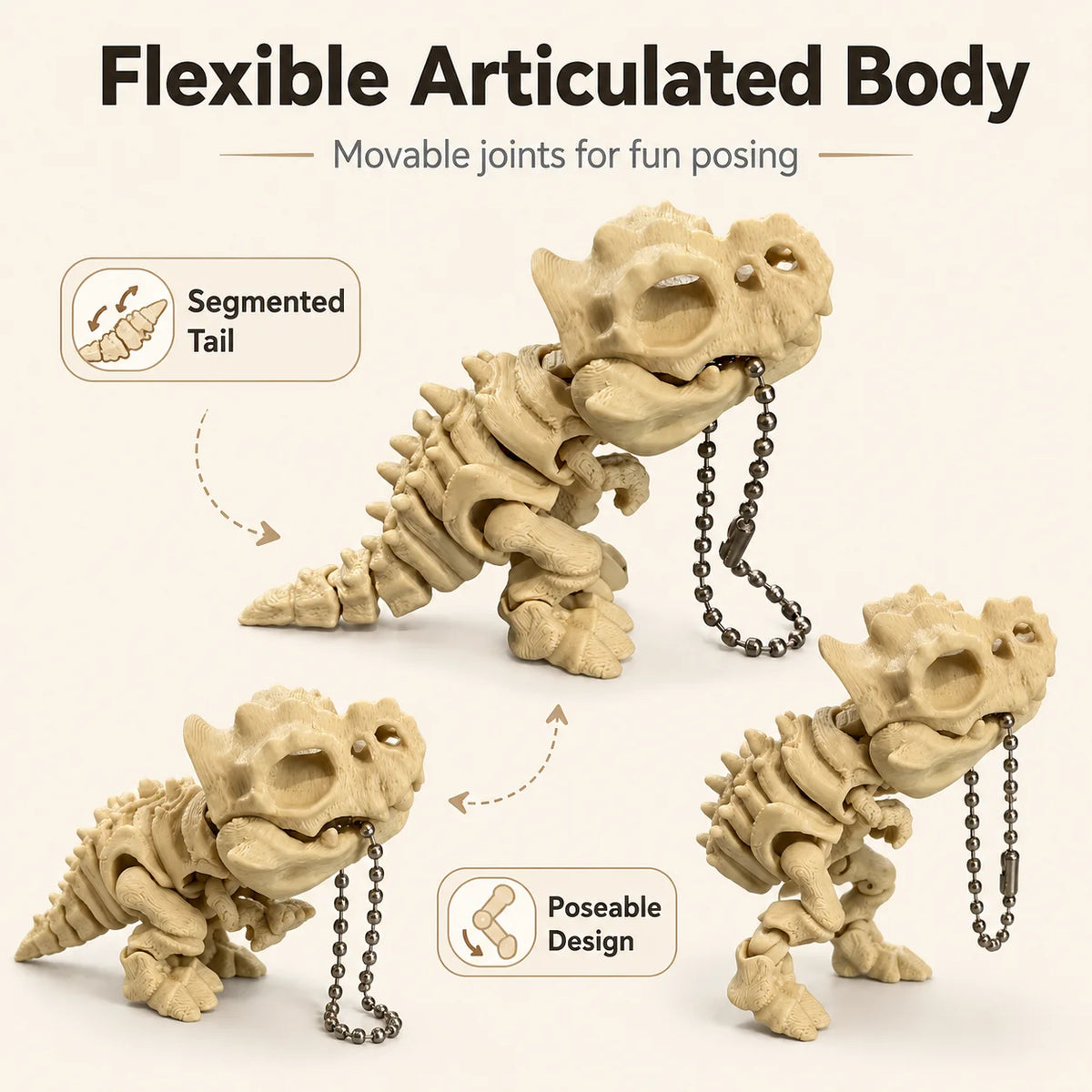 A flexible articulated T-Rex skeleton model with movable joints for fun posing.
