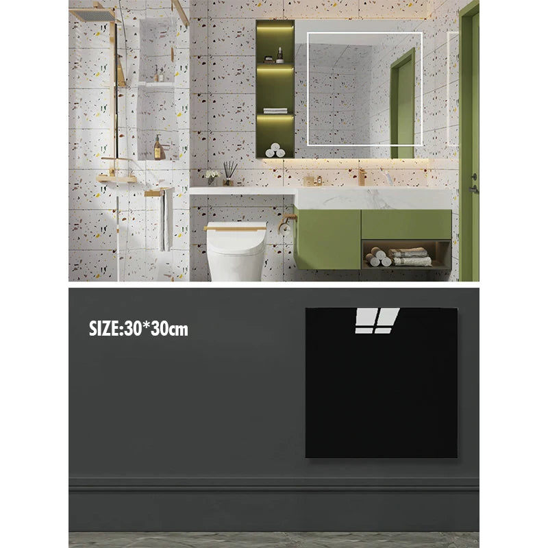 A modern bathroom or kitchen wall featuring marble-patterned decals and green cabinetry.