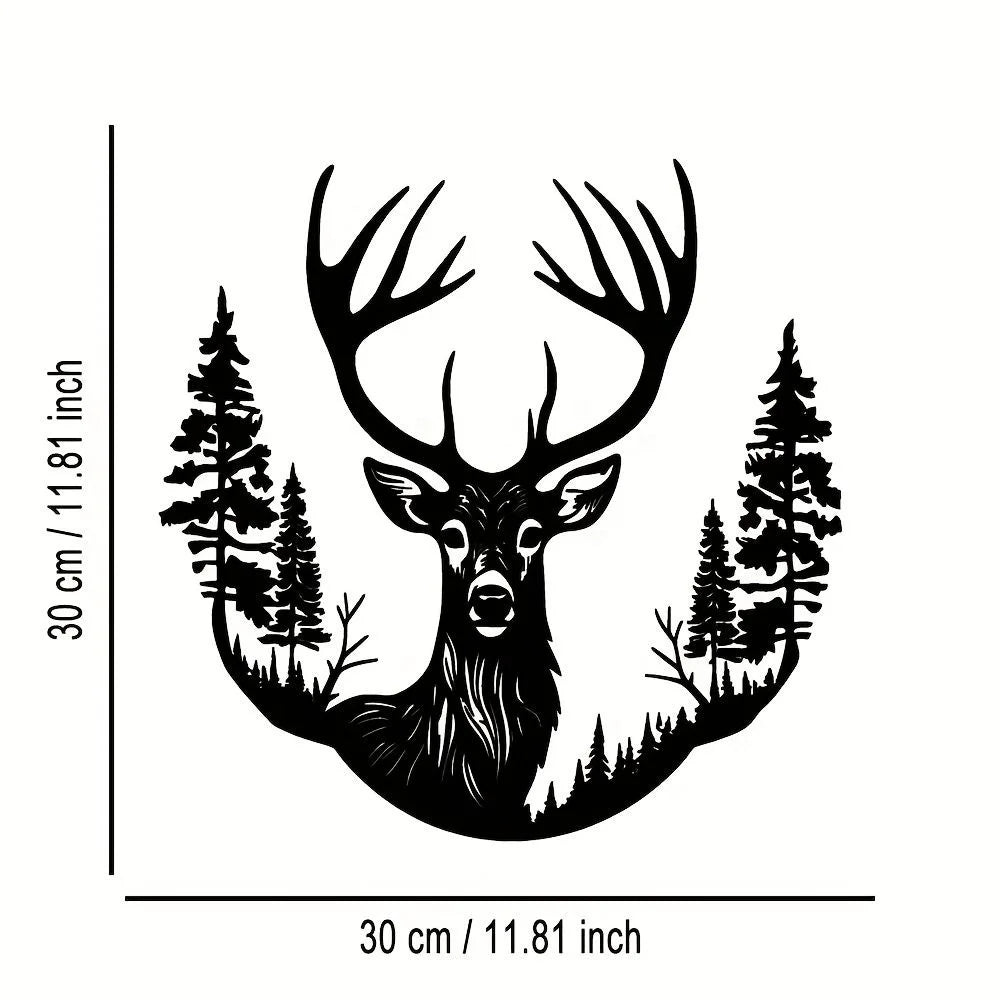 Black metal wall sculpture of a deer head with antlers silhouetted against a forest background.