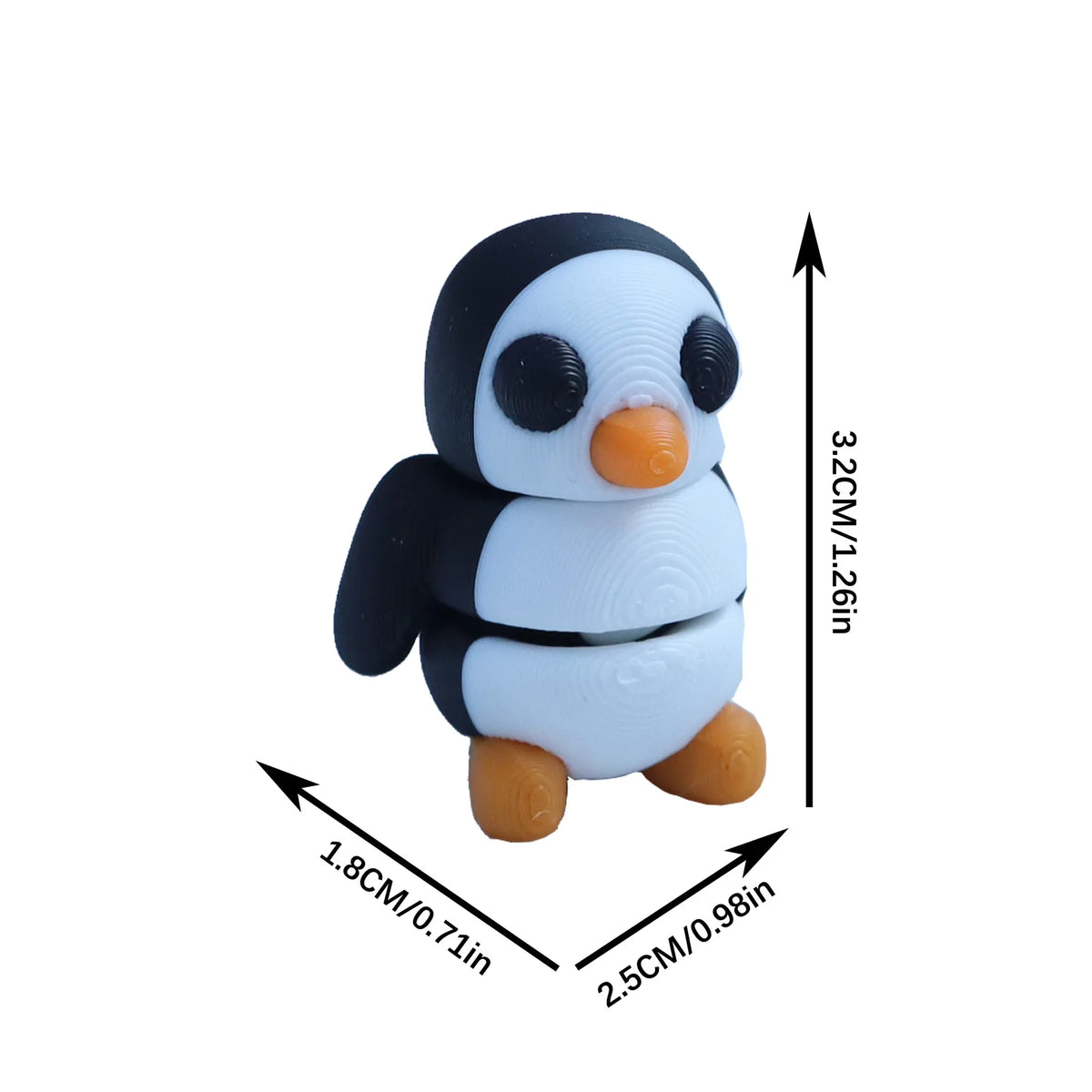A small 3D printed cartoon animal figurine of a penguin with black and white coloring.