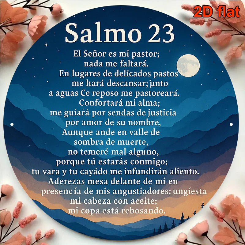 Metal wall art featuring Psalm 23 text on a blue background surrounded by pink flowers