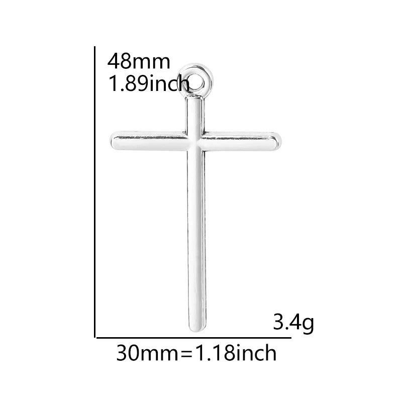 A silver cross charm measuring 48mm or 1.89 inches, weighing 3.4 grams.